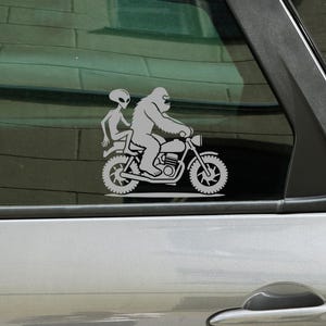 Bigfoot and Alien on bike Decal: Sasquatch Sticker - yeti Car, Laptop, Van