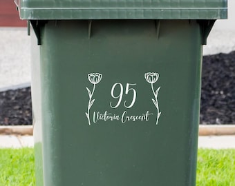 decalque de lixeira com rodas, adesivo de lixeira floral, número de lixeira com rodas, decalques de endereço, números de casa, adesivo de nome de rua, decalque de lata de lixo