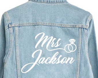 Custom Bride Denim Jacket Iron on. Customizable Mrs jean jacket transfer, Last name jean jacket htv iron on, diy bride jacket