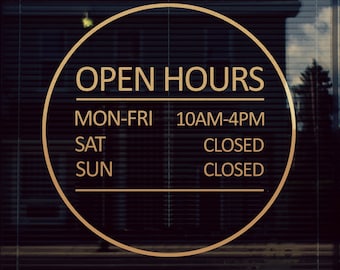 Open Hours Sign. Store Hours, Modern Business Vinyl, Window Decal, Working hours sticker, opening hours decal, gold business sign