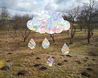 cloud and raindrops suncatcher, raindrop window decal, rainbow maker, suncatcher for window, cloud rain rainbow suncatcher sticker