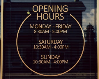 Opening Hours Sign. gold lettering sign, storefront hours sign, store door sign, business door sign, company business decal banner
