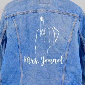 Benutzerdefinierte mrs Hochzeit Jacke Transfer, Hochzeit Finger, Braut Ring Finger, Robe Eisen auf Abziehbild, Aufkleber Aufkleber, Braut Jeans Jacke Heat Transfer