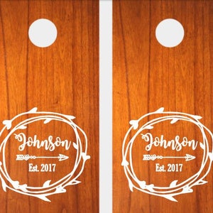 corn hole decals, custom monogram cornhole, rustic floral wreath decals, cornhole stickers, wedding party decor, personalized cornhole decal
