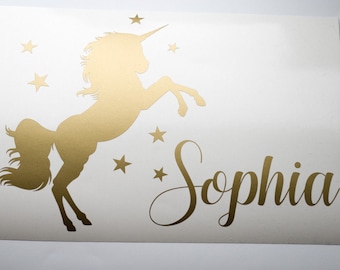 Personalised unicorn wall art, custom name baby room wall decal, unicorn pony vinyl decal in gold, silver or matte color. nursery wall art
