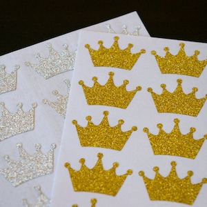 20 corone glitter, adesivi corona per inviations, arredamento compleanno principessa, adesivi glitter oro argento o nero, sfondo vivaio principessa