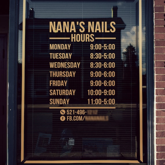 Salon open hours decal, business storefront decal, nail studio sticker, storefront store hours, phone number sticker, fb page decal