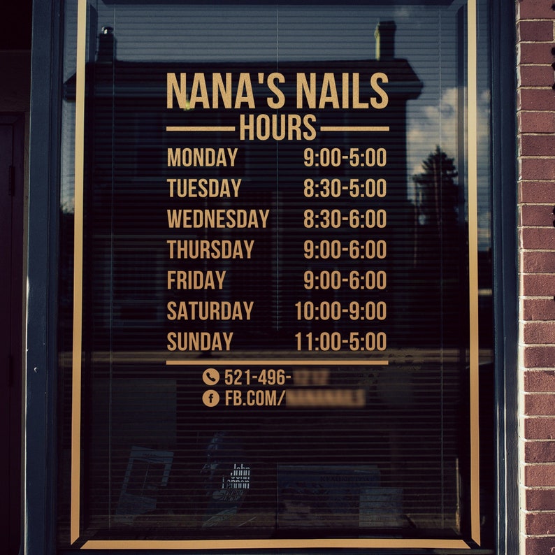 Salon open hours decal, business storefront decal, nail studio sticker, storefront store hours, phone number sticker, fb page decal image 1