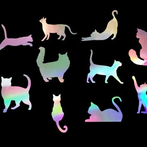 Könnte beinhalten: Ein Set mit 10 schillernden holografischen Katzen-Silhouetten. Die Katzen sind in verschiedenen Posen, darunter sitzend, stehend und springend. Die Silhouetten sind alle schwarz umrandet.