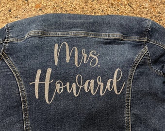 custom mrs wedding jacket transfer, custom iron on patch, custom denim jacket, bride jacket, custom mrs jacket, personalised jean jacket