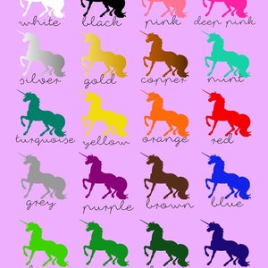 May include: A collection of unicorn silhouettes in various colors, including white, black, pink, deep pink, silver, gold, copper, mint, turquoise, yellow, orange, red, grey, purple, brown, blue, lime, green, forest, and navy.