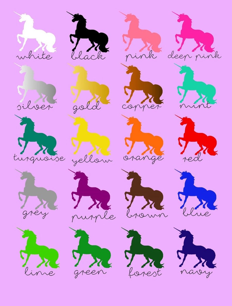 May include: A collection of unicorn silhouettes in various colors, including white, black, pink, deep pink, silver, gold, copper, mint, turquoise, yellow, orange, red, grey, purple, brown, blue, lime, green, forest, and navy.