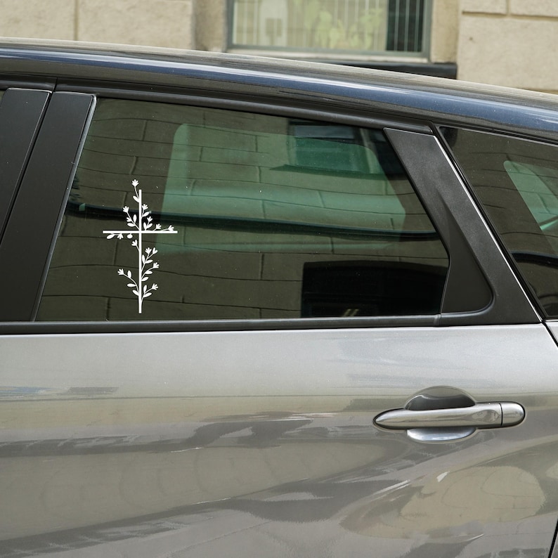Cross Car Sticker Christian Mirror Decal, Floral Cross Car Sticker, Botanical Laptop ...