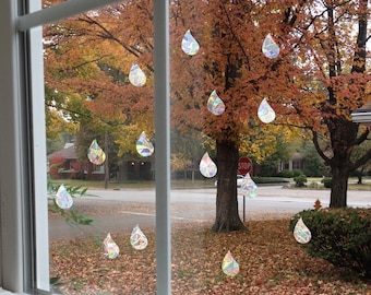 14 gotas de lluvia suncatchers, calcomanía de ventana de lluvia, fabricante de arco iris, suncatcher para ventana, pegatina de suncatcher arco iris