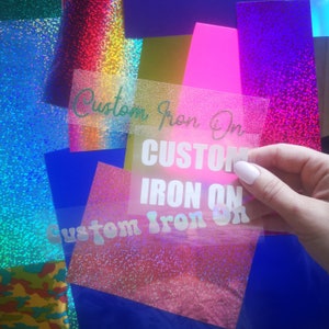 termoadesivo personalizzato, decalcomania personalizzata a trasferimento termico, testo o logo personalizzato, toppa termoadesiva personalizzata, molti colori: glitter e olografici
