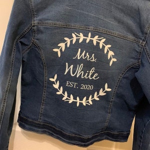 Apellido de señora para planchar en chaqueta vaquera, transferencia de calor personalizada para vestido de novia, calcomanía personalizada para boda, transferencia de calor de señora, parche de novia