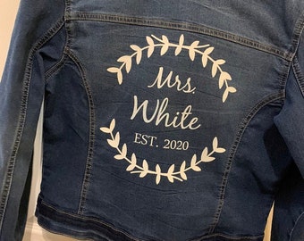 Mrs last name iron on for denim jacket, personalized heat transfer for bridal robe, custom decal for wedding, heat transfer mrs, bride patch