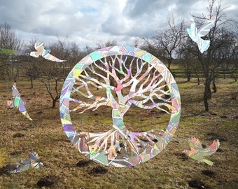 árbol de la vida suncatcher, árbol celta con calcomanía de la ventana de las aves, fabricante de arco iris, suncatcher para la ventana, pegatina del suncatcher arco iris
