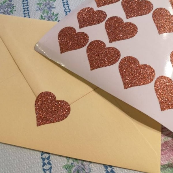 20 rose gold heart stickers, glitter envelope seals, glitter heart sticker, glitter wall decals, paper label, letter seal, adhesive seal