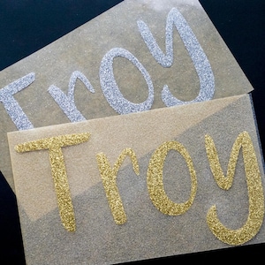 DIY custom name iron on, glitter name heat transfer design, diy heat transfer, custom name iron on decal, personalized iron on