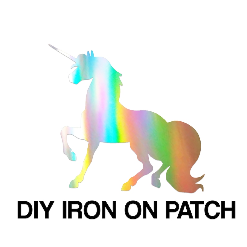 May include: A holographic iron-on patch featuring a unicorn silhouette. The unicorn is facing left with its horn pointing forward. The patch is iridescent with shades of blue, green, pink, and purple.
