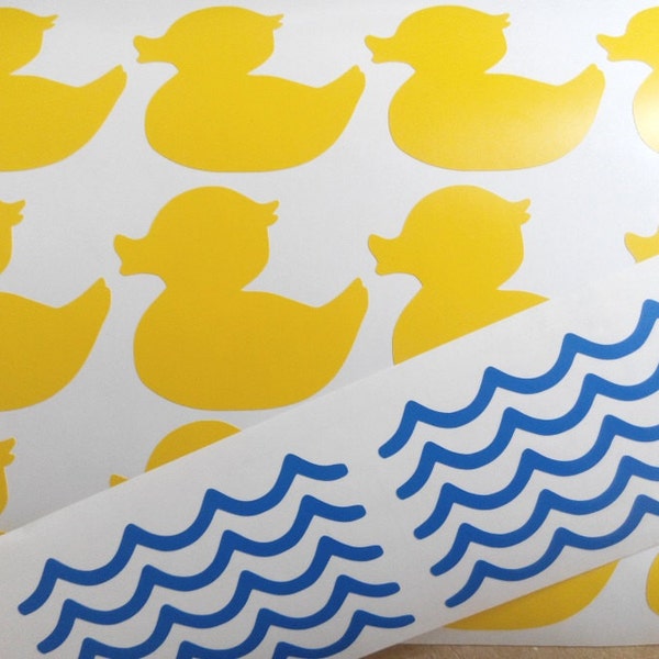 15 Rubber Ducky decal, Duck Vinyl Wall Decals, Duck Wall Art ,Removable Bathroom Wall Decor, kids bathroom decor, yellow ducklings and waves