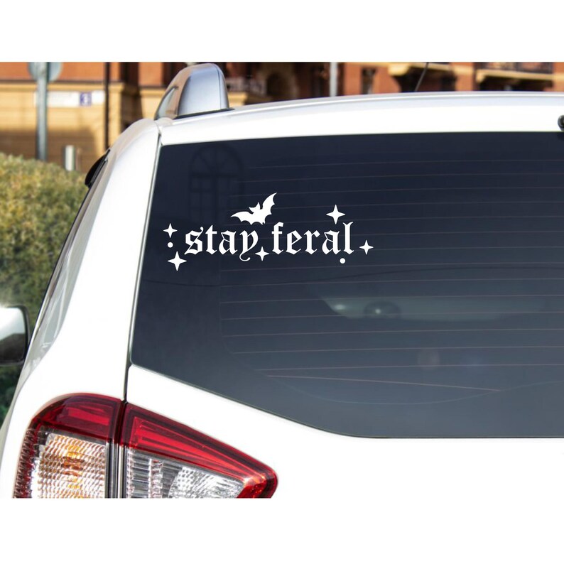 May include: White vinyl car sticker with a bat and the text "stay feral" in a gothic font.