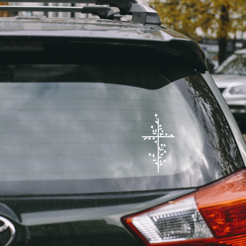 Cross Car Sticker Christian Mirror Decal, Floral Cross Car Sticker, Botanical Laptop ...