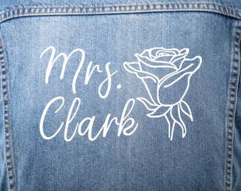 Wedding iron on rose, custom last name applique for wedding jacket, flower jacket, iron on rose, bride jacket flower iron on, rose transfer