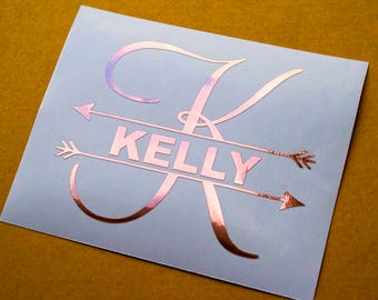 rose gold name decal, gold foil custom monogram, rose gold custom name with arrows, split monogram decal, laptop sticker, wall decal