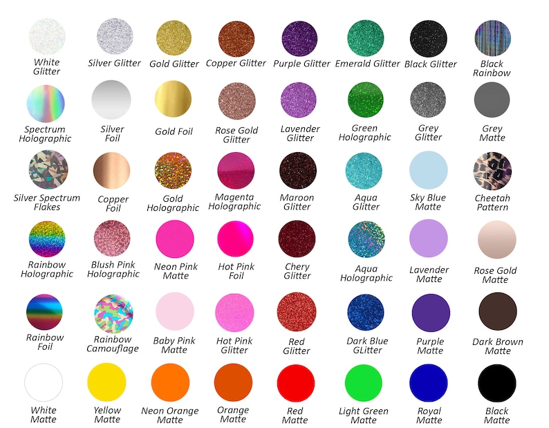 Puede incluir: Una tabla que muestra 48 colores y acabados diferentes para proyectos de manualidades. Los colores incluyen blanco, plata, oro, cobre, morado, esmeralda, negro, arco&iacute;ris, espectro hologr&aacute;fico, l&aacute;mina plateada, l&aacute;mina dorada, purpurina dorada rosa, purpurina lavanda, hologr&aacute;fico verde, purpurina gris, gris mate, escamas de espectro plateado, l&aacute;mina de cobre, hologr&aacute;fico dorado, hologr&aacute;fico magenta, purpurina granate, purpurina aguamarina, azul cielo mate, estampado de guepardo, hologr&aacute;fico arco&iacute;ris, hologr&aacute;fico rosa rubor, mate rosa ne&oacute;n, l&aacute;mina rosa caliente, purpurina cereza, hologr&aacute;fico aguamarina, mate lavanda, mate dorado rosa, l&aacute;mina arco&iacute;ris, camuflaje arco&iacute;ris, mate rosa beb&eacute;, purpurina rosa caliente, purpurina roja, purpurina azul oscuro, mate morado, mate marr&oacute;n oscuro, mate blanco, mate amarillo, mate naranja ne&oacute;n, mate naranja, mate rojo, mate verde claro, mate real, y mate negro.