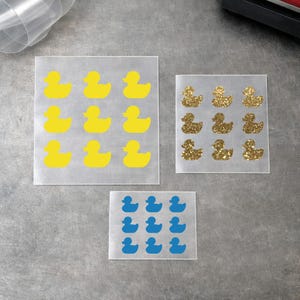 9 rubber duck iron on decals,  ducklings htv vinyl transfers, iron on applique, small DIY patch design, glitter matte holographic colors