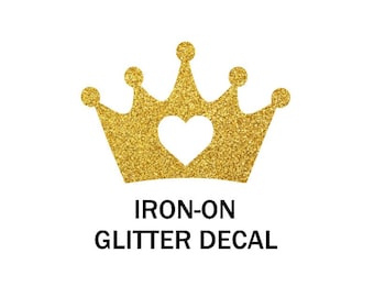 crown iron on glitter decal, heat transfers,  gold or silver tshirt designs, princess t-shirt diy, crown with heart, fabrics transfer