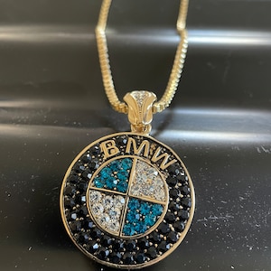 BMW BLUE -14K Gold Plated-Black EMBLEM Pendant 1.5” Limited