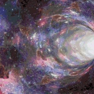 May include: A swirling galaxy with a bright white light in the center, creating a tunnel-like effect. The galaxy is filled with stars and nebulae in shades of purple, pink, and blue.