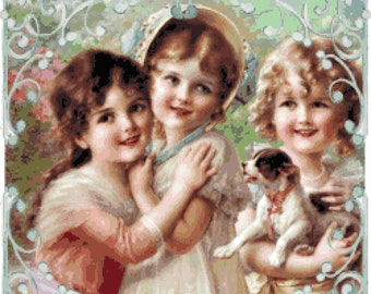 May include: Vintage-style illustration featuring three young girls, each with light brown hair, smiling. One girl holds a small puppy with brown and white markings. The image has a soft, pastel color palette with a decorative border.