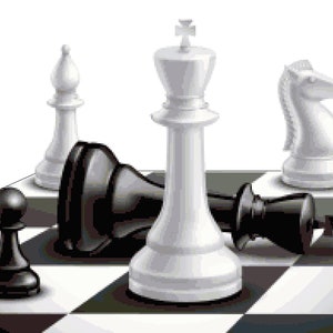May include: A black and white chessboard with chess pieces in various positions. A white king, white knight, and white pawn are standing upright. A black pawn and two black pieces are lying on their sides.