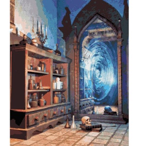 May include: A dark wooden cabinet with shelves filled with glass bottles and jars. A large, ornate mirror with a swirling blue and white pattern reflects a dark, mysterious room. A skull sits on a book in front of the mirror.