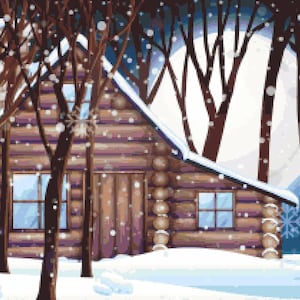 May include: A wooden cabin with a snow-covered roof sits in a snowy forest under a full moon. The cabin has two windows and a door. The trees are bare and the ground is covered in snow.