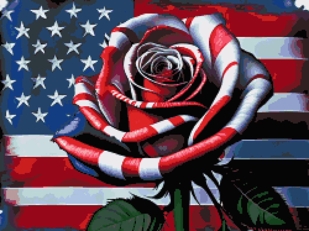 American Flag Rose Counted Cross Stitch Pattern Patriotic Flower Cross