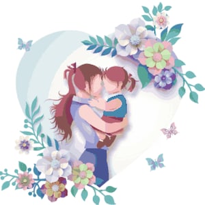 May include: A mother and child embrace in a heart-shaped frame surrounded by delicate paper flowers in shades of pink, purple, and blue. Butterflies flutter around the frame, adding to the whimsical feel of the image.