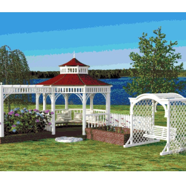 Gazebo by the Lake Counted Cross Stitch Pattern - Beautiful Summer Day Cross-Stitch Pattern - Perfect Picnic Spot Pixel Art (PDF Download)