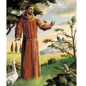May include: A painting of a man in a brown robe standing in a field with birds and a goose. The man is holding out his hand to the birds, and the goose is looking at him.