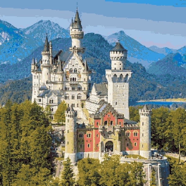 Schloss Neuschwanstein Castle Counted Cross Stitch Pattern - Bavaria Germany Cross-Stitch Pattern - Castle Pixel Art (PDF Download Pattern)