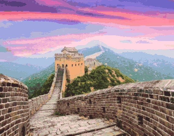 万里の長城のクロスステッチパターン - 中国の夕日のピクセルアート  