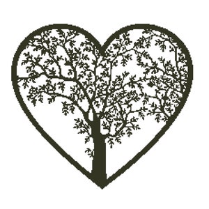 May include: A black silhouette of a tree in the shape of a heart. The tree has many branches and leaves.