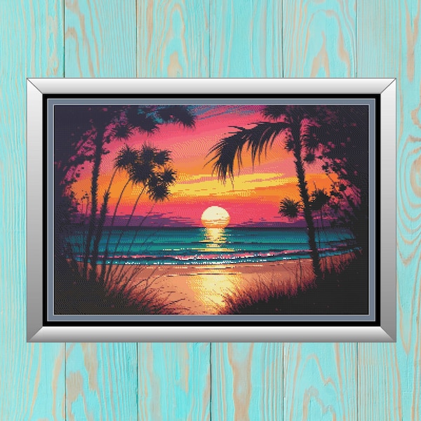 Ultimate Beach Sunset Cross Stitch Pattern - Colorful Beach Artwork Counted Cross-Stitch - Pattern Keeper Compatible Chart Download PDF File