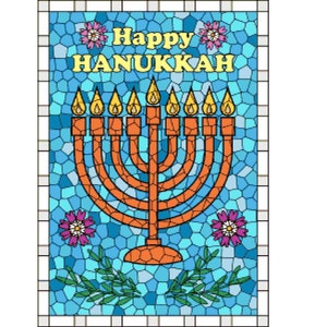 May include: A stained glass style illustration of a menorah with nine lit candles. The menorah is surrounded by blue and white mosaic tiles. The text "Happy Hanukkah" is written in yellow letters at the top of the image.