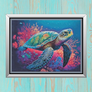 Puede incluir: Una tortuga marina azul y verde vibrante nada a través de un arrecife de coral colorido. La tortuga tiene un caparazón detallado y está rodeada de corales rosas, morados y naranjas.