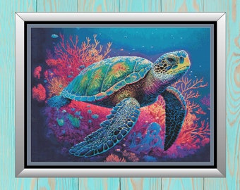 May include: A vibrant blue and green sea turtle swims through a colorful coral reef. The turtle has a detailed shell and is surrounded by pink, purple, and orange coral.